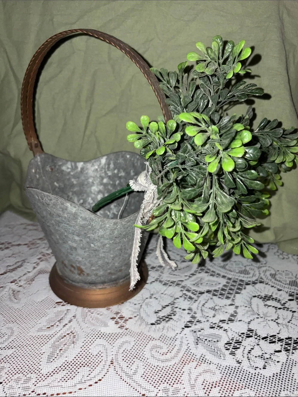 Rustic Gray Metal Bucket with Green Faux Boxwood Accent